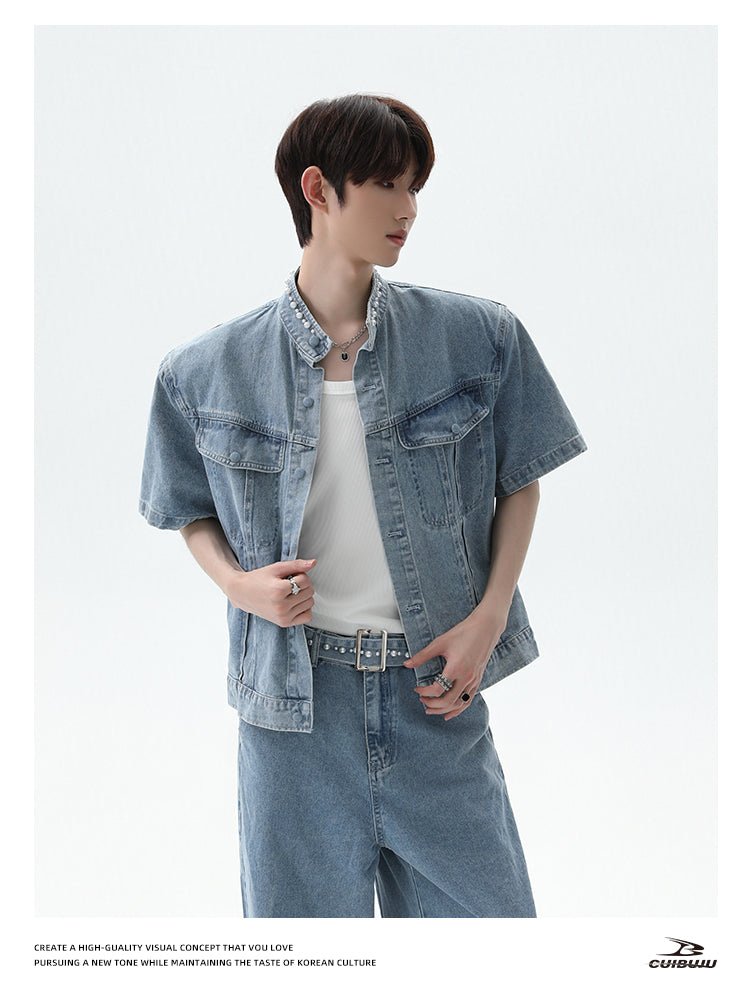 パール スタンドカラー 半袖デニムジャケット ＆ ワイドパンツ セットアップ OR4484 - 韓国メンズファッション通販 - ORUN - 