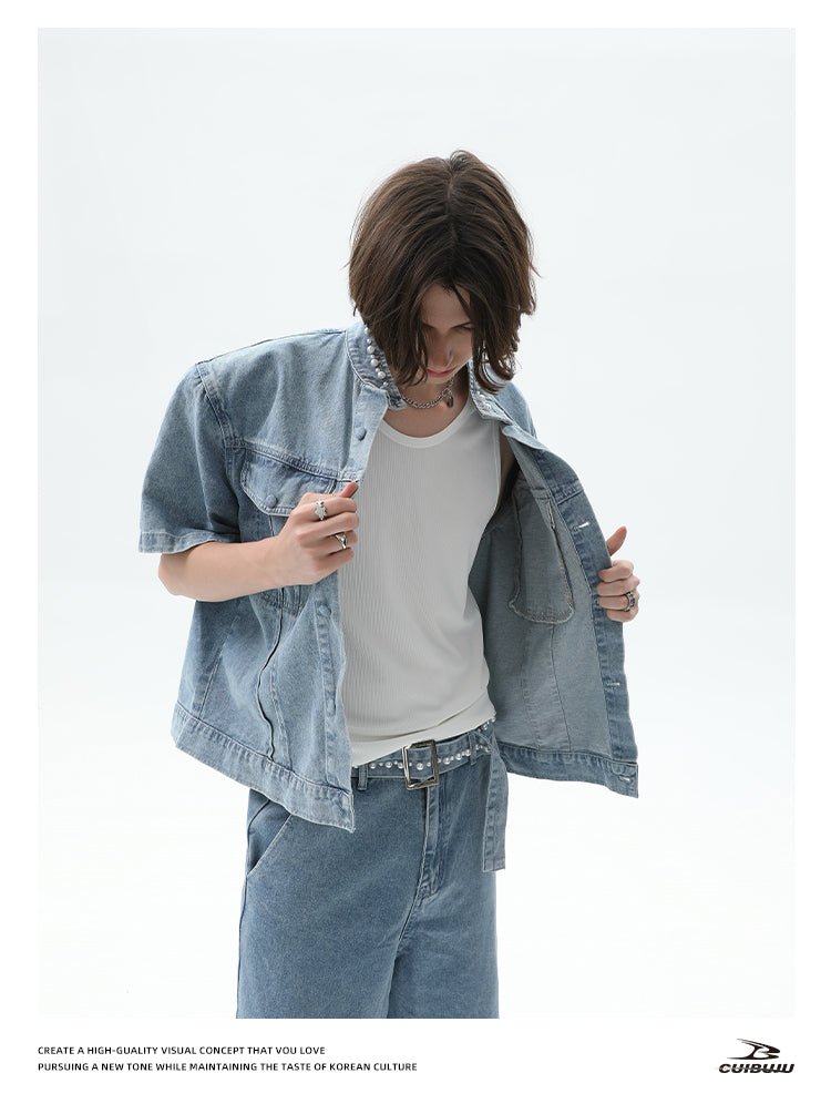 パール スタンドカラー 半袖デニムジャケット ＆ ワイドパンツ セットアップ OR4484 - 韓国メンズファッション通販 - ORUN - 