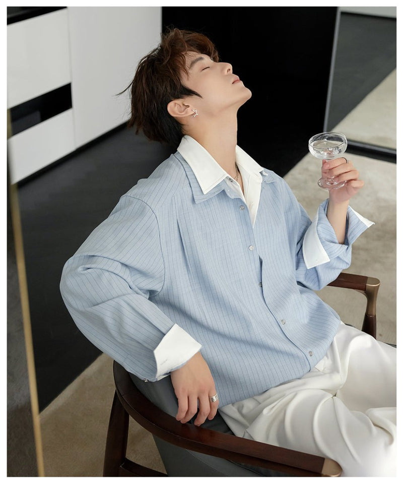 フェイクレイヤード・ストライプシャツ OR4536 - 韓国メンズファッション通販 - ORUN - 