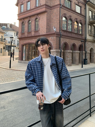 ブルーチェック・クロップドジップアップブルゾン OR4573 - 韓国メンズファッション通販 - ORUN - 