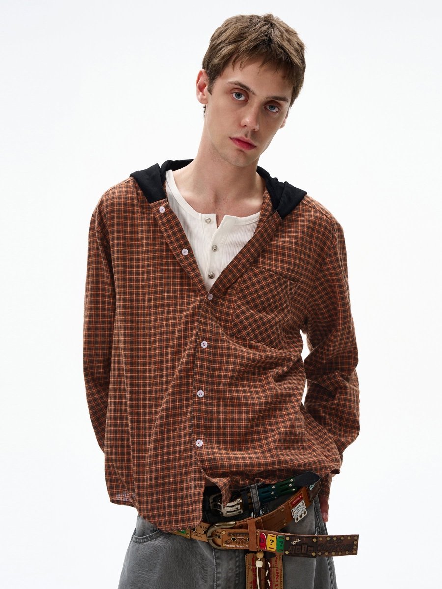 コントラストフード・チェック柄シャツ OR4606 – 韓国メンズ