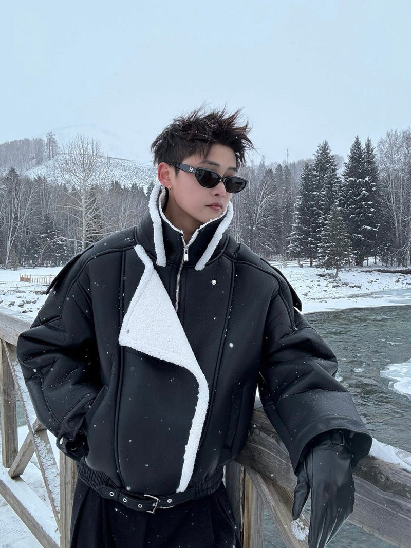 ダブルスタンド羊羔ボアレザーショートジャケット OR4870 - 韓国メンズファッション通販 - ORUN - 