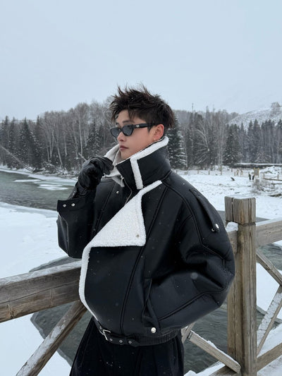 ダブルスタンド羊羔ボアレザーショートジャケット OR4870 - 韓国メンズファッション通販 - ORUN - 