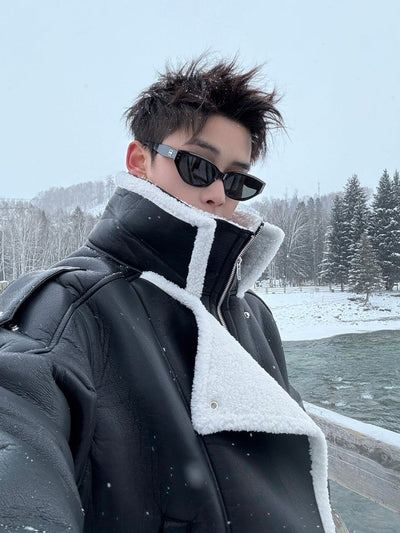 ダブルスタンド羊羔ボアレザーショートジャケット OR4870 - 韓国メンズファッション通販 - ORUN - 