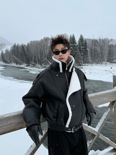 ダブルスタンド羊羔ボアレザーショートジャケット OR4870 - 韓国メンズファッション通販 - ORUN - 