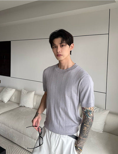 リネン混 クルーネック サマーニットTシャツ OR5243 – 韓国メンズ