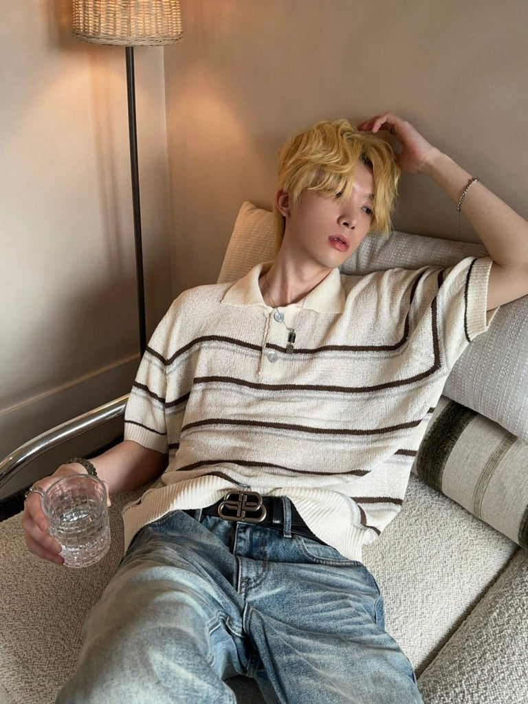 ミルクベージュ バイカラーボーダー ニットポロシャツ OR5202 – 韓国