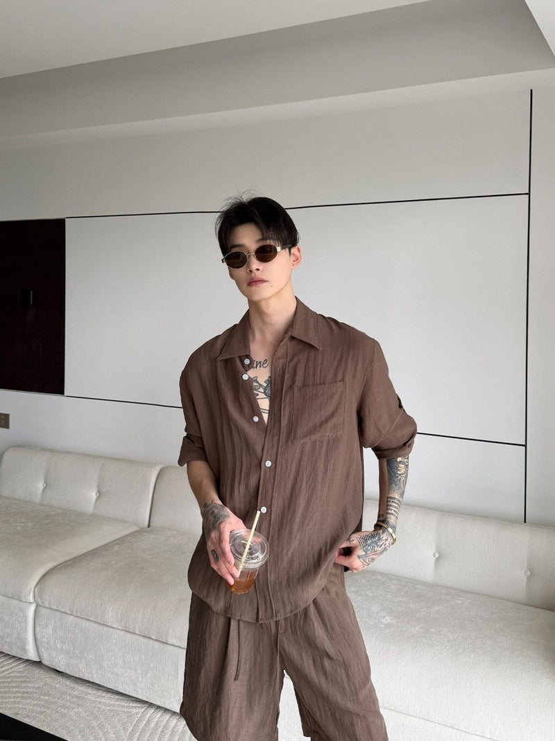 リヨセルリネン混 微透けシャツ ショーツ セットアップ OR5258 – 韓国