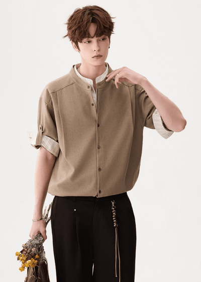 バイカラー・ダブルカラー 半袖ニットTシャツ OR5286 – 韓国メンズ