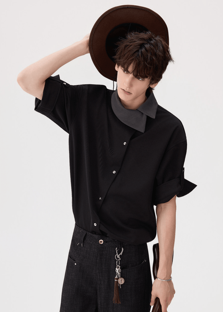 senso unico 慈雨＊アシンメトリー　ドローストリング　半袖シャツ　L アシメ切り替えカラー ブラック半袖シャツ OR5319 – 韓国メンズ