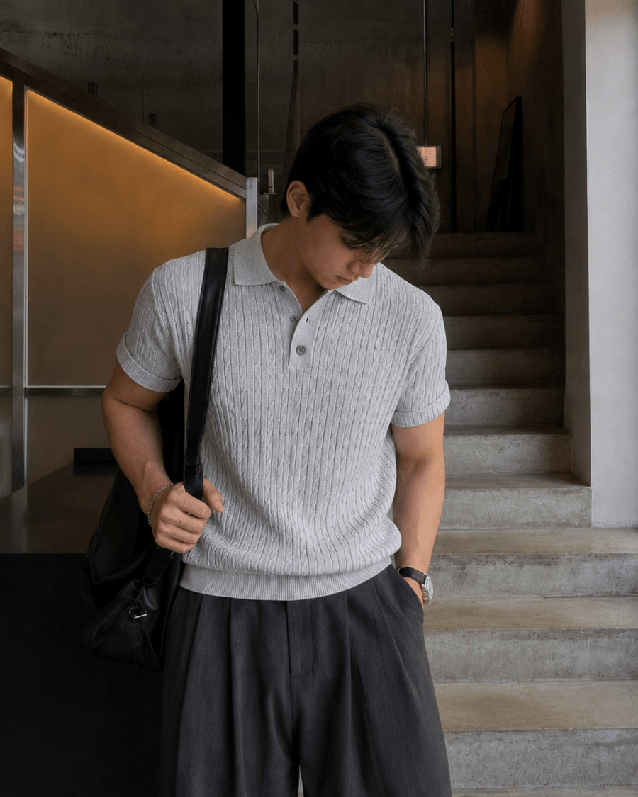 縦リブ×ケーブル編み・軽量ヘンリーネックポロ OR5379 – 韓国メンズ