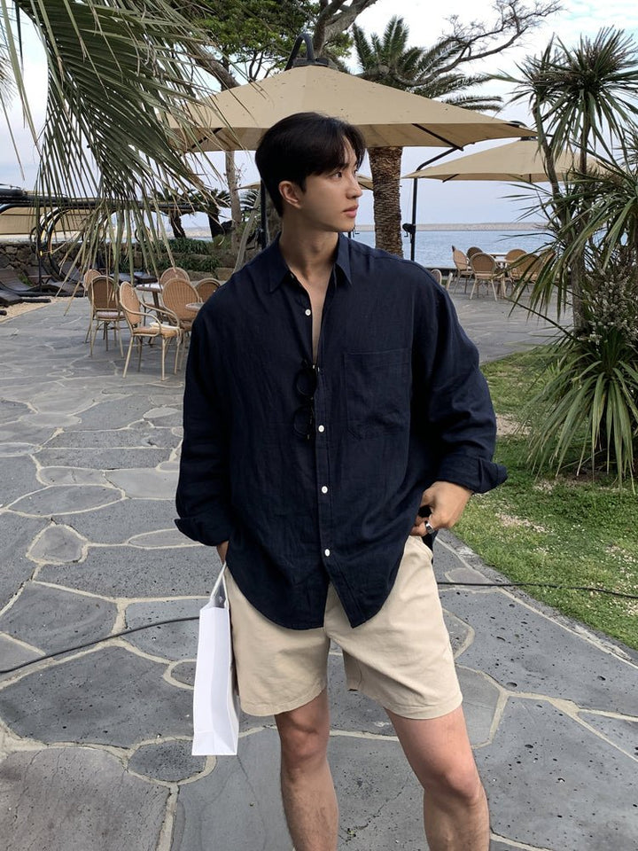 CAHLUMN ネイビー　リネン　 オーバーサイズ Tシャツ CAHLUMN/Linen Open Collar Shirt｜Daytona Park(FREAK'S STORE