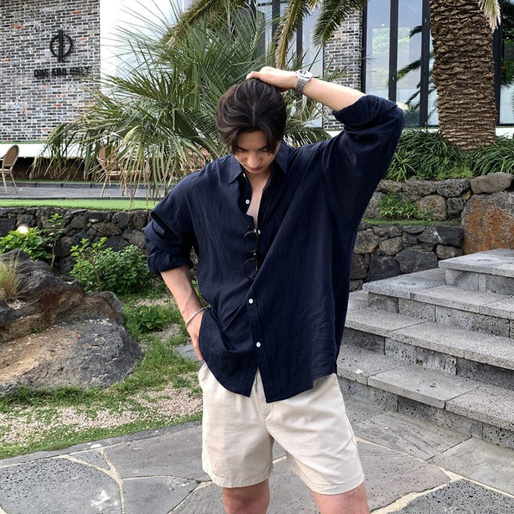 CAHLUMN ネイビー　リネン　 オーバーサイズ Tシャツ CAHLUMN/Linen Open Collar Shirt｜Daytona Park(FREAK'S STORE