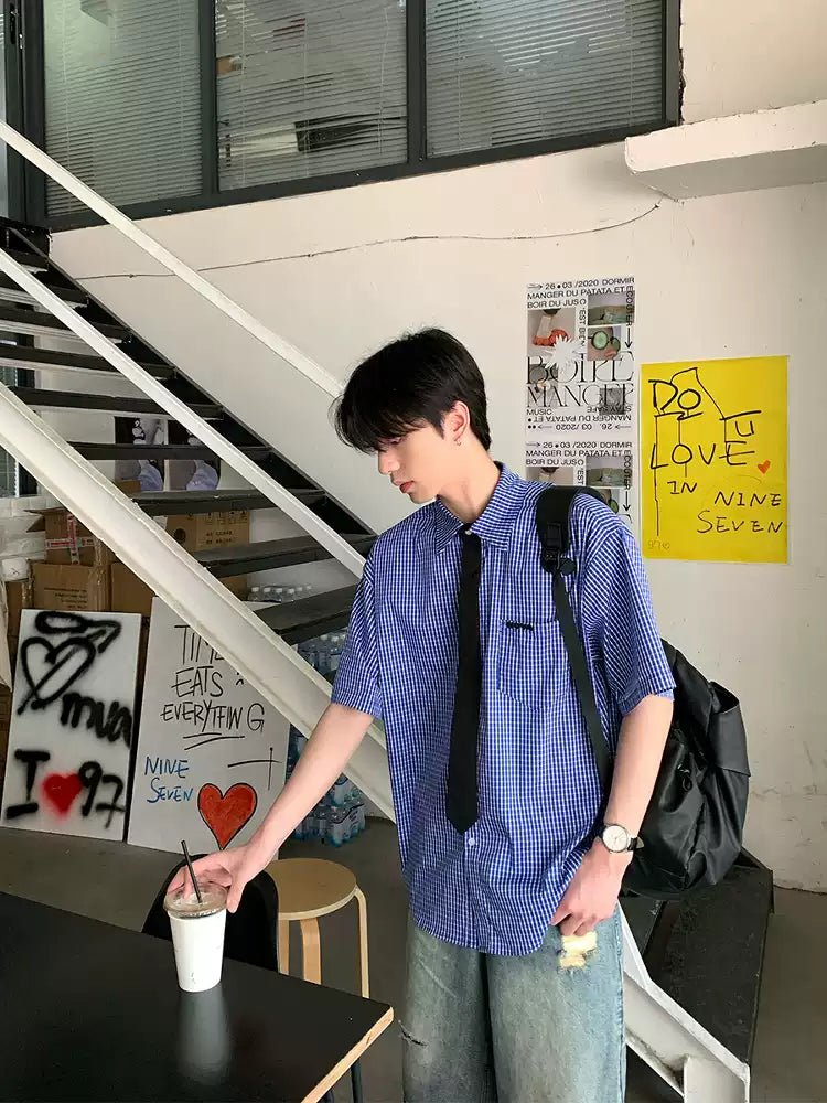 Plaid short sleeve tie shirt OR4242 - ORUN