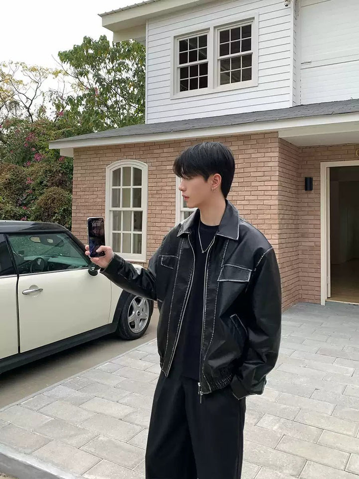 ビッグシルエット ステッチデザインレザージャケット – 韓国メンズ