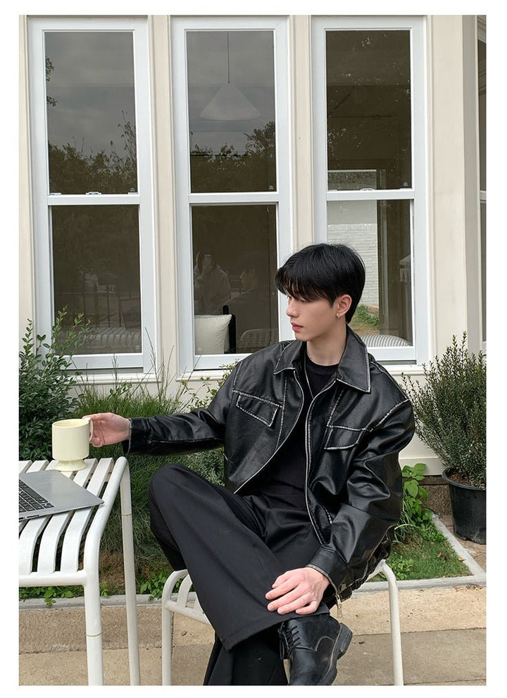 ビッグシルエット ステッチデザインレザージャケット – 韓国メンズ