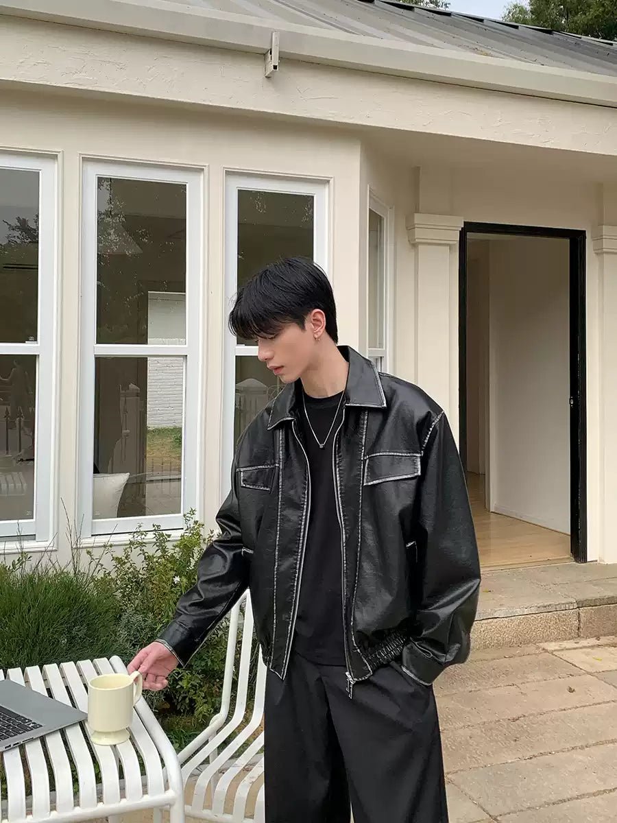 ビッグシルエット ステッチデザインレザージャケット – 韓国メンズ