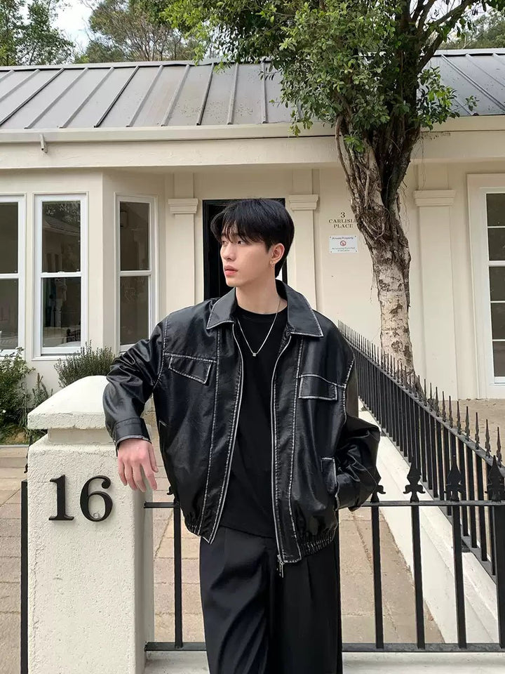 ビッグシルエット ステッチデザインレザージャケット – 韓国メンズ