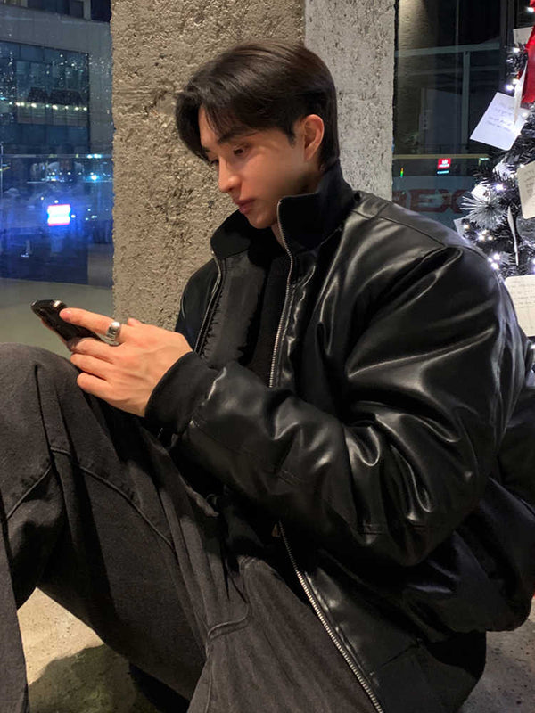Stand collar thick leather jacket OR3807