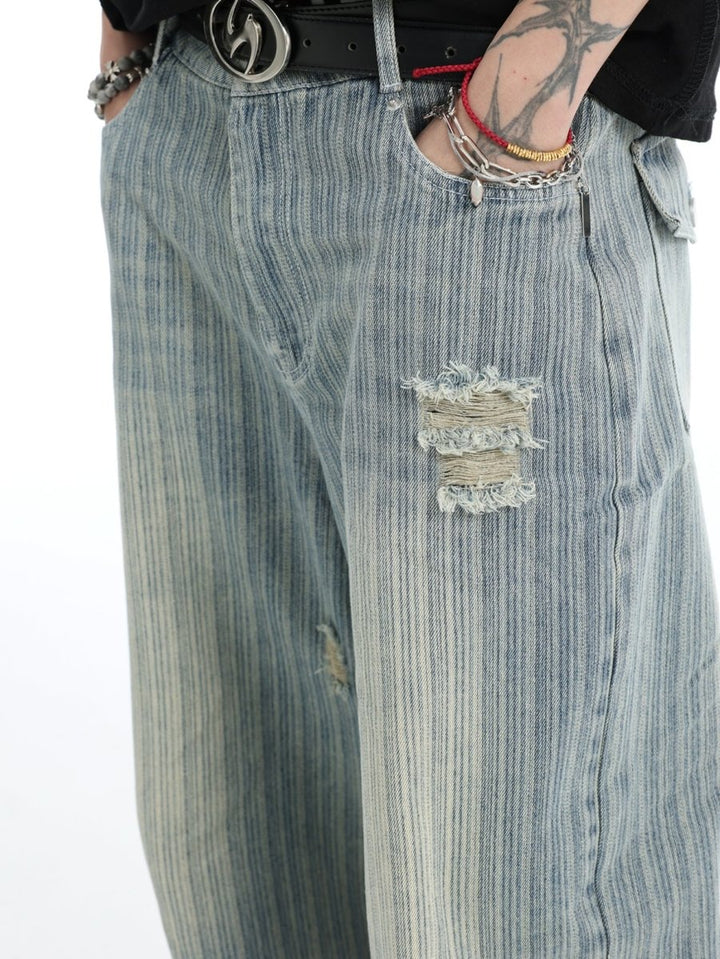 Striped Damaged Denim Pants OR4473 – 韓国メンズファッション通販