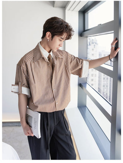 【ネクタイ付き重ね着風デザイン】Striped short sleeve tie shirt OR4251 - ORUN