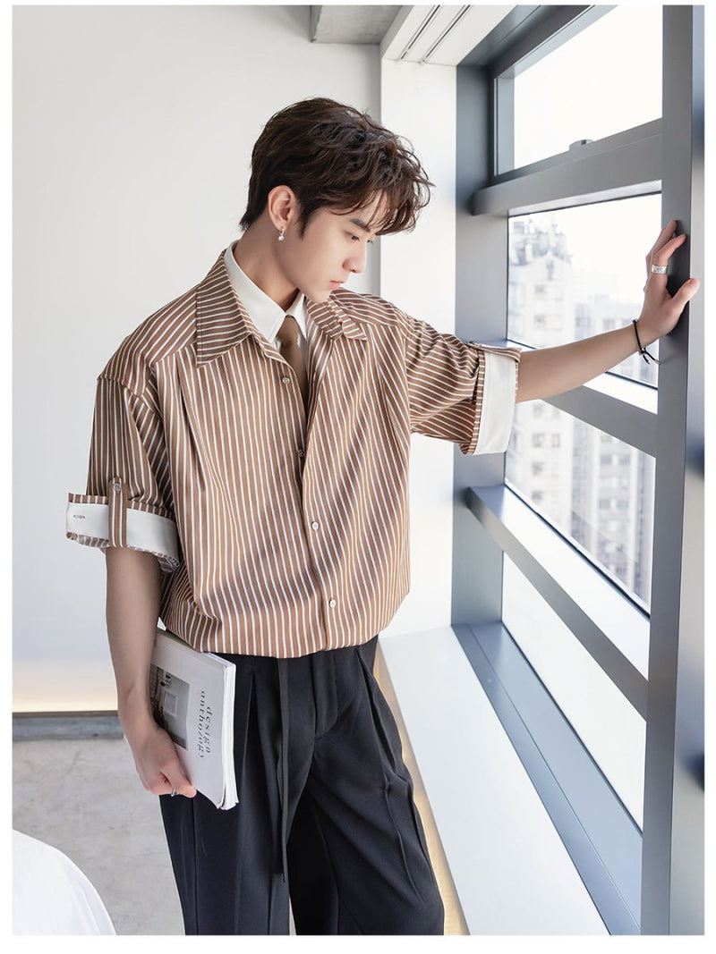 【ネクタイ付き重ね着風デザイン】Striped short sleeve tie shirt OR4251 - ORUN
