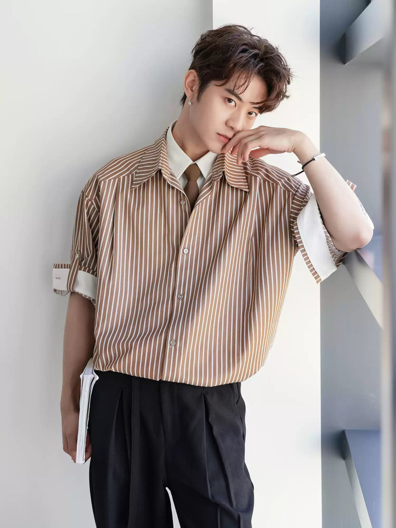 【ネクタイ付き重ね着風デザイン】Striped short sleeve tie shirt OR4251 - ORUN