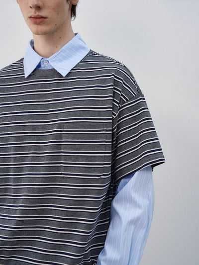 フェイクレイヤード・ボーダーTシャツ OR4534 - 韓国メンズファッション通販 - ORUN - 