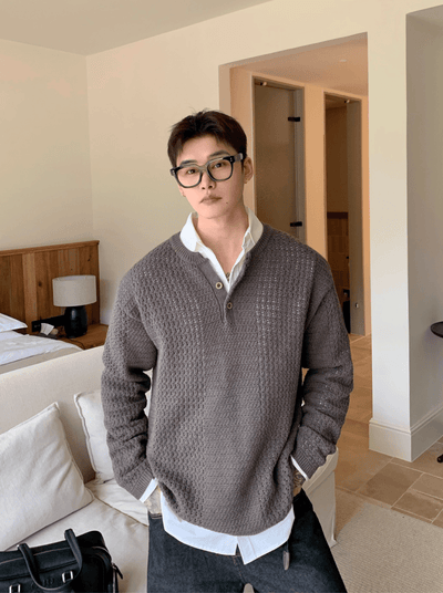 ワッフルニットヘンリーネックT OR4785 - 韓国メンズファッション通販 - ORUN - 