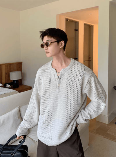 ワッフルニットヘンリーネックT OR4785 - 韓国メンズファッション通販 - ORUN - 