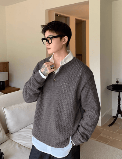 ワッフルニットヘンリーネックT OR4785 - 韓国メンズファッション通販 - ORUN - 