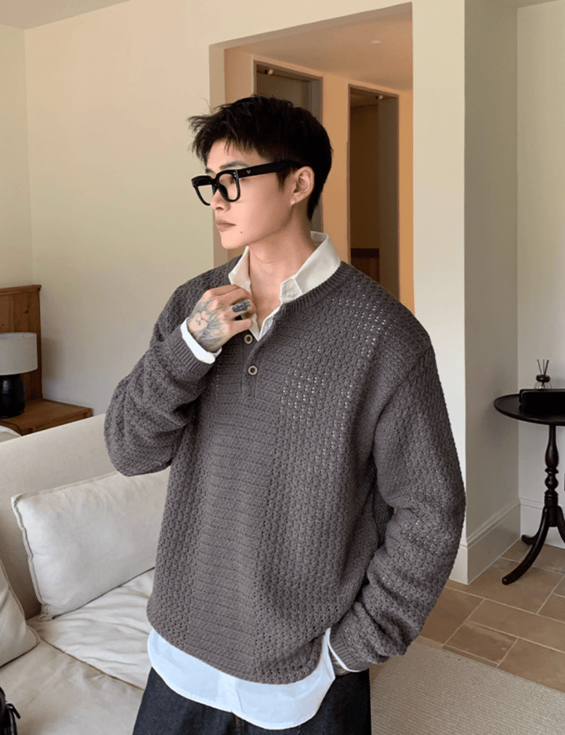 ワッフルニットヘンリーネックT OR4785 - 韓国メンズファッション通販 - ORUN - 