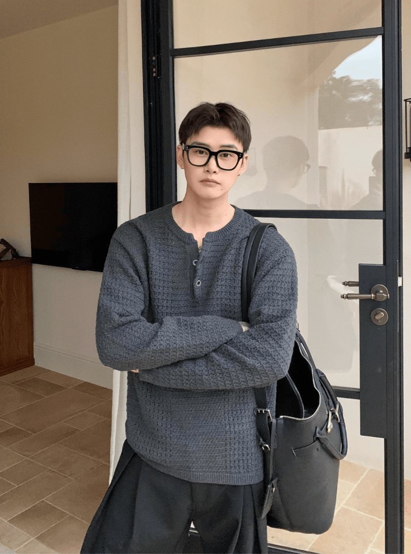 ワッフルニットヘンリーネックT OR4785 - 韓国メンズファッション通販 - ORUN - 