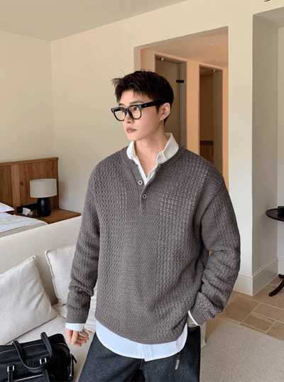 ワッフルニットヘンリーネックT OR4785 - 韓国メンズファッション通販 - ORUN - 