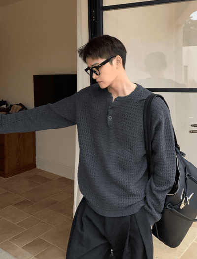 ワッフルニットヘンリーネックT OR4785 - 韓国メンズファッション通販 - ORUN - 