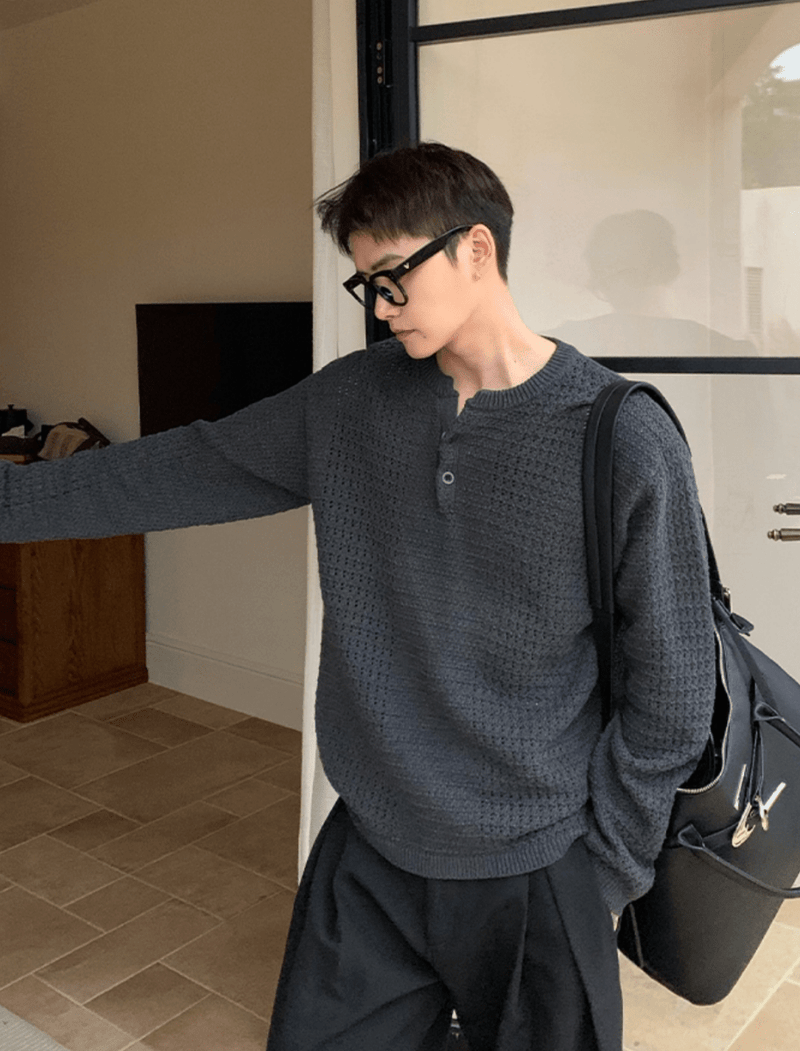 ワッフルニットヘンリーネックT OR4785 - 韓国メンズファッション通販 - ORUN - 