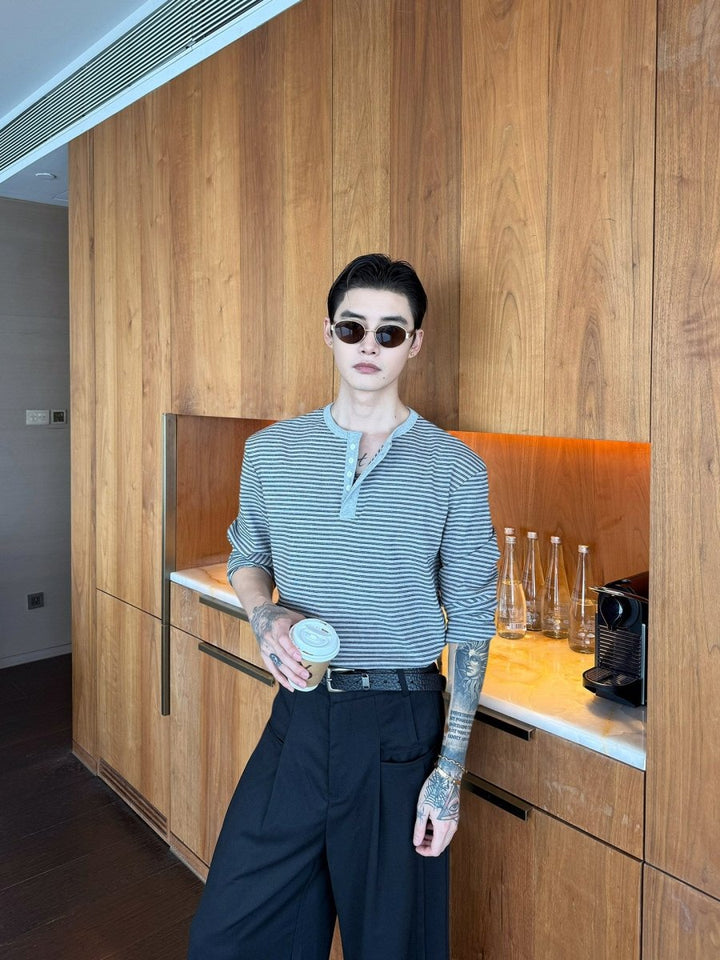 マルチボタン ヘンリーネック ボーダーロングT OR5030 – 韓国メンズ