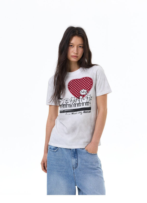 ドットハート ヴィンテージプリント Tシャツ OR5200