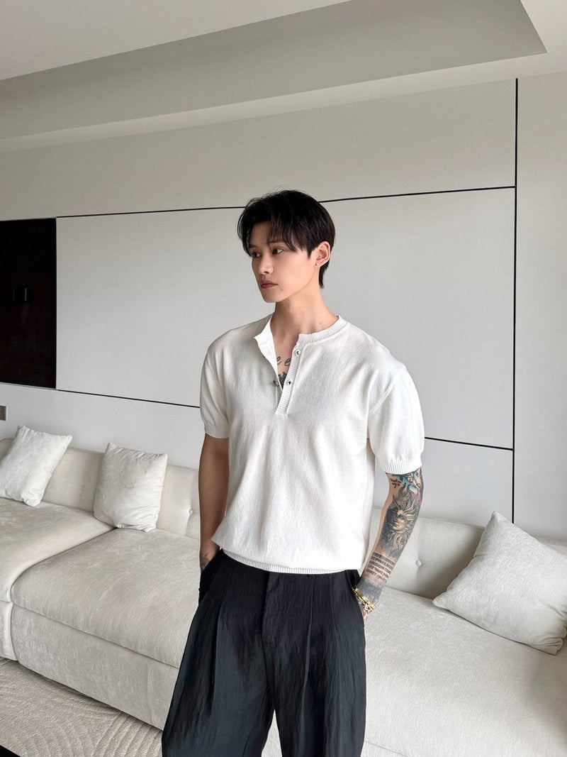 リヨセル混 ヘンリーネック 涼感ニットTシャツ OR5212 – 韓国メンズ