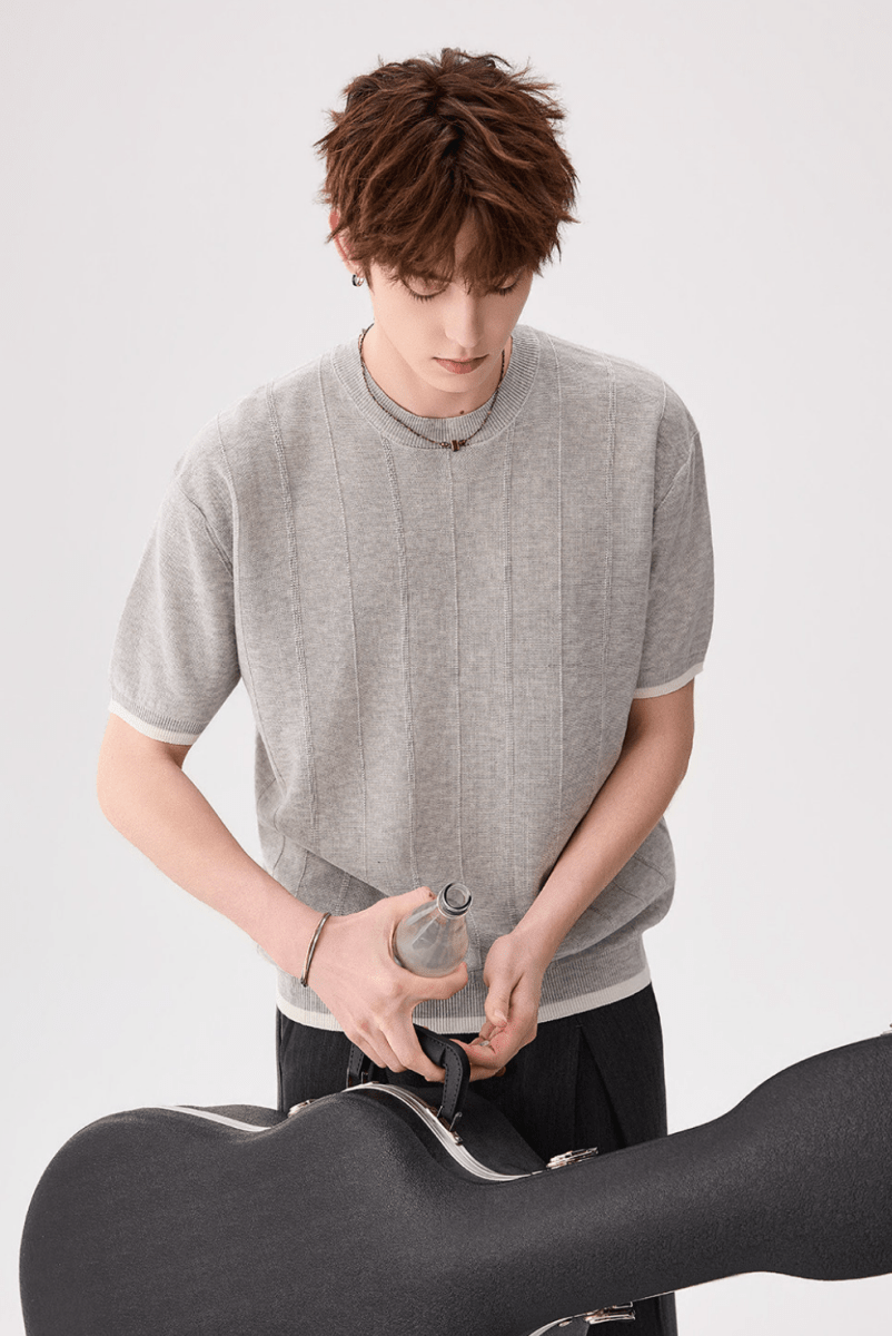 リネン混 クルーネック サマーニットTシャツ OR5243 – 韓国メンズ