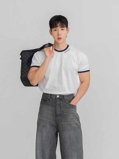 リブ テキストロゴ クルーネックTシャツ OR5274 – 韓国メンズ