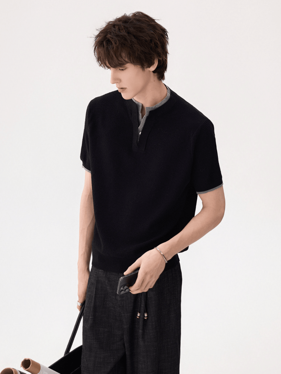 バイカラー・ダブルカラー 半袖ニットTシャツ OR5286 – 韓国メンズ
