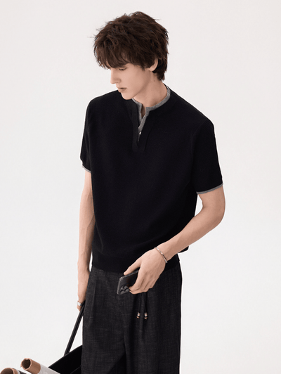 グルービンハイ ニットセーター 半袖 ブラック バイカラー・ダブルカラー 半袖ニットTシャツ OR5286 – 韓国メンズ