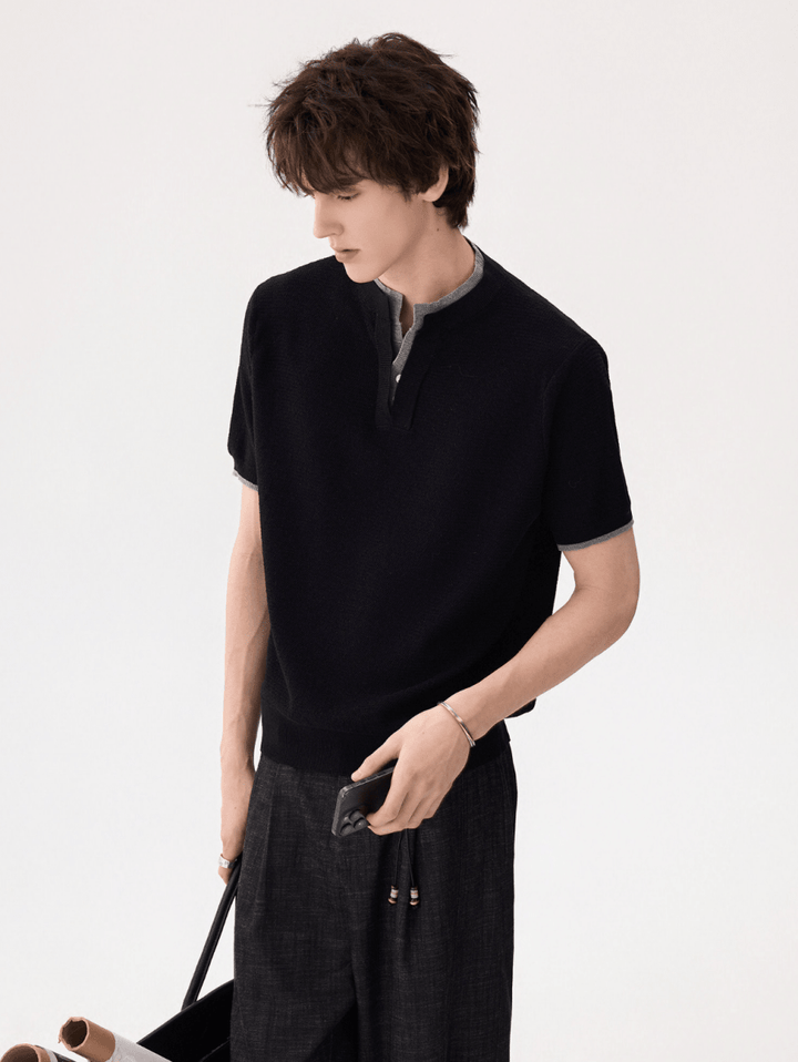 バイカラー・ダブルカラー 半袖ニットTシャツ OR5286 – 韓国メンズ
