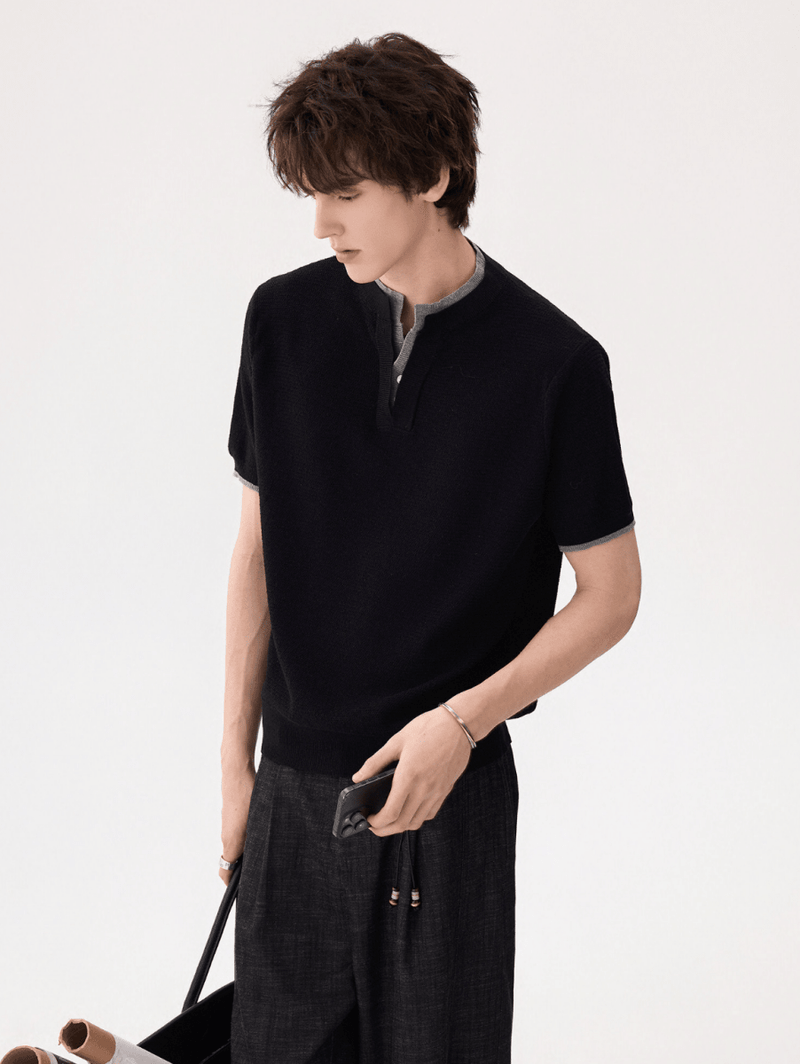バイカラー・ダブルカラー 半袖ニットTシャツ OR5286 – 韓国メンズ バイカラー・ダブルカラー 半袖ニットTシャツ OR5286 – 韓国メンズ