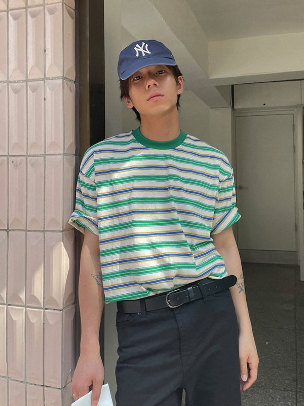 マルチボーダー リンガーネック オーバーサイズTシャツ OR5299