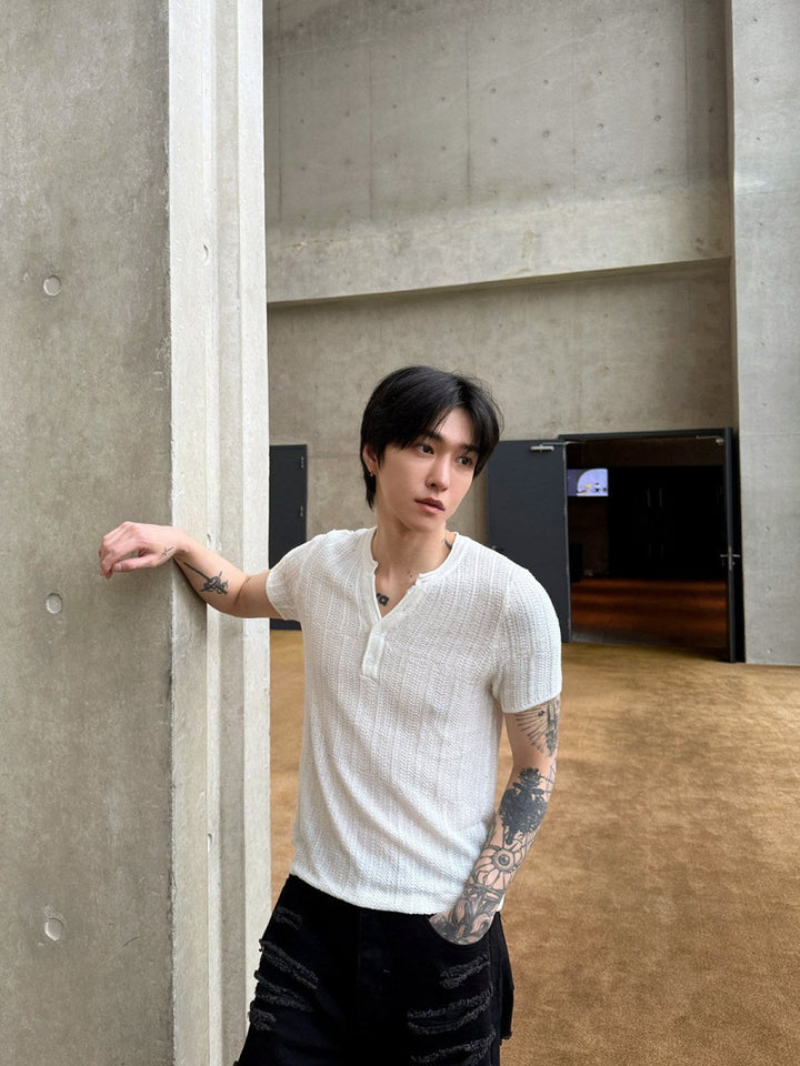 透かし編み・ヘンリーネック スリムニットTシャツ OR5302 – 韓国メンズ