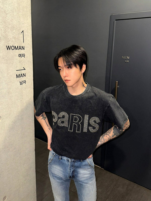 ウォッシュ加工・スタッズレタリング 半袖Tシャツ OR5305