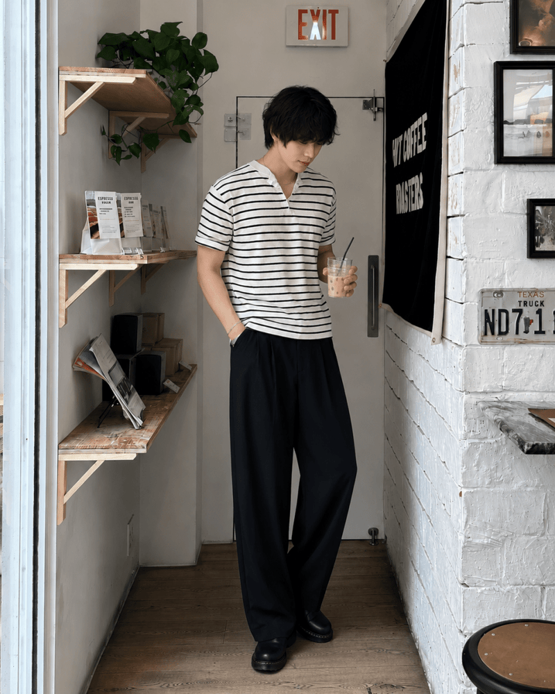 アイスシルク混・ボーダー柄ヘンリーネックニットT OR5382 – 韓国