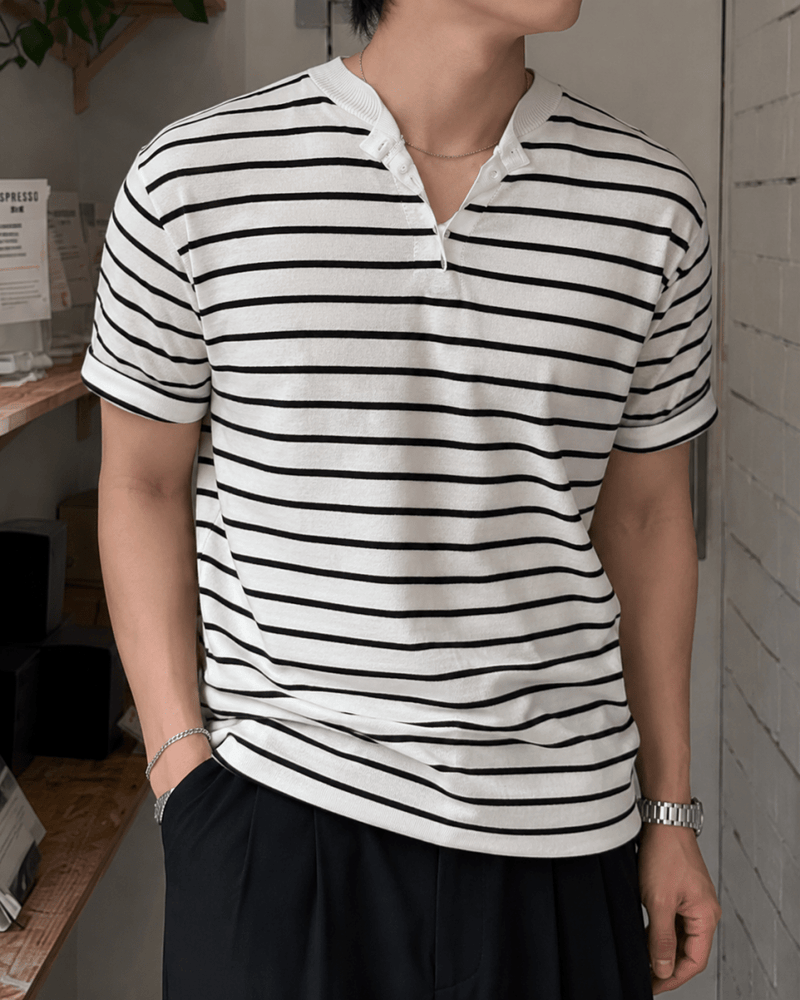 アイスシルク混・ボーダー柄ヘンリーネックニットT OR5382 – 韓国